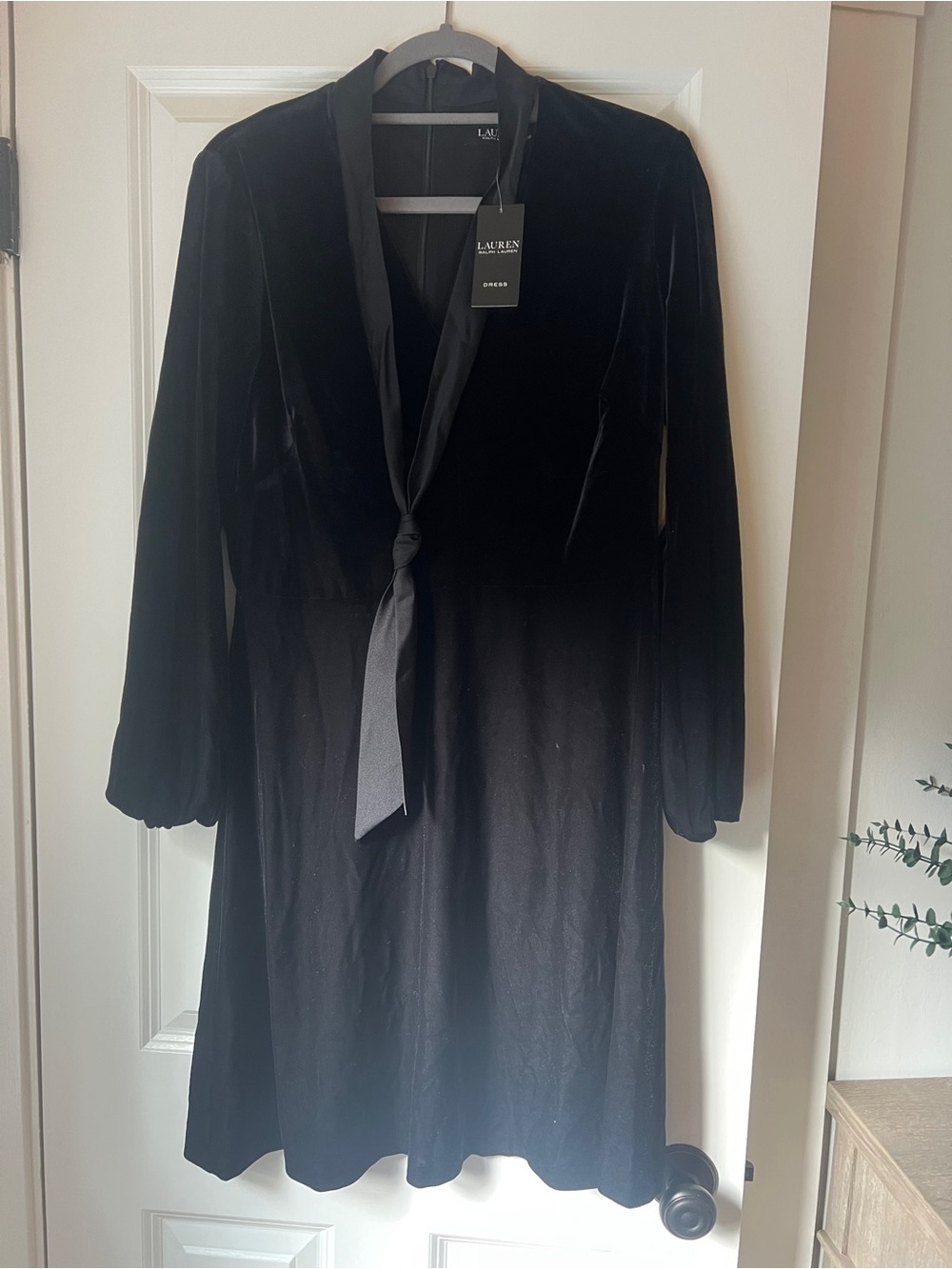 Ralph Lauren Black Velvet Long-Sleeve Tie-Neck Dress